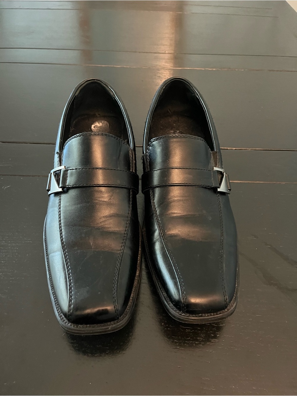 Perry Ellis Black Leather Slip-On Loafers with Silver Buckle
